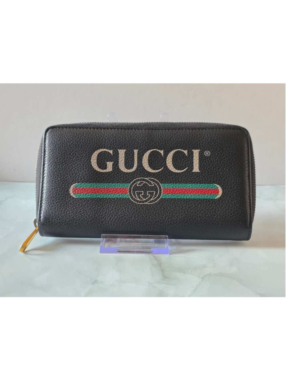 Gucci Print Black Leather Zip Around Wallet